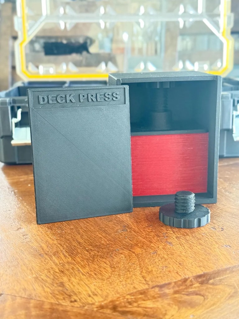 3D printed TCG deck press for double sleeved cards in Dewalt Stanley