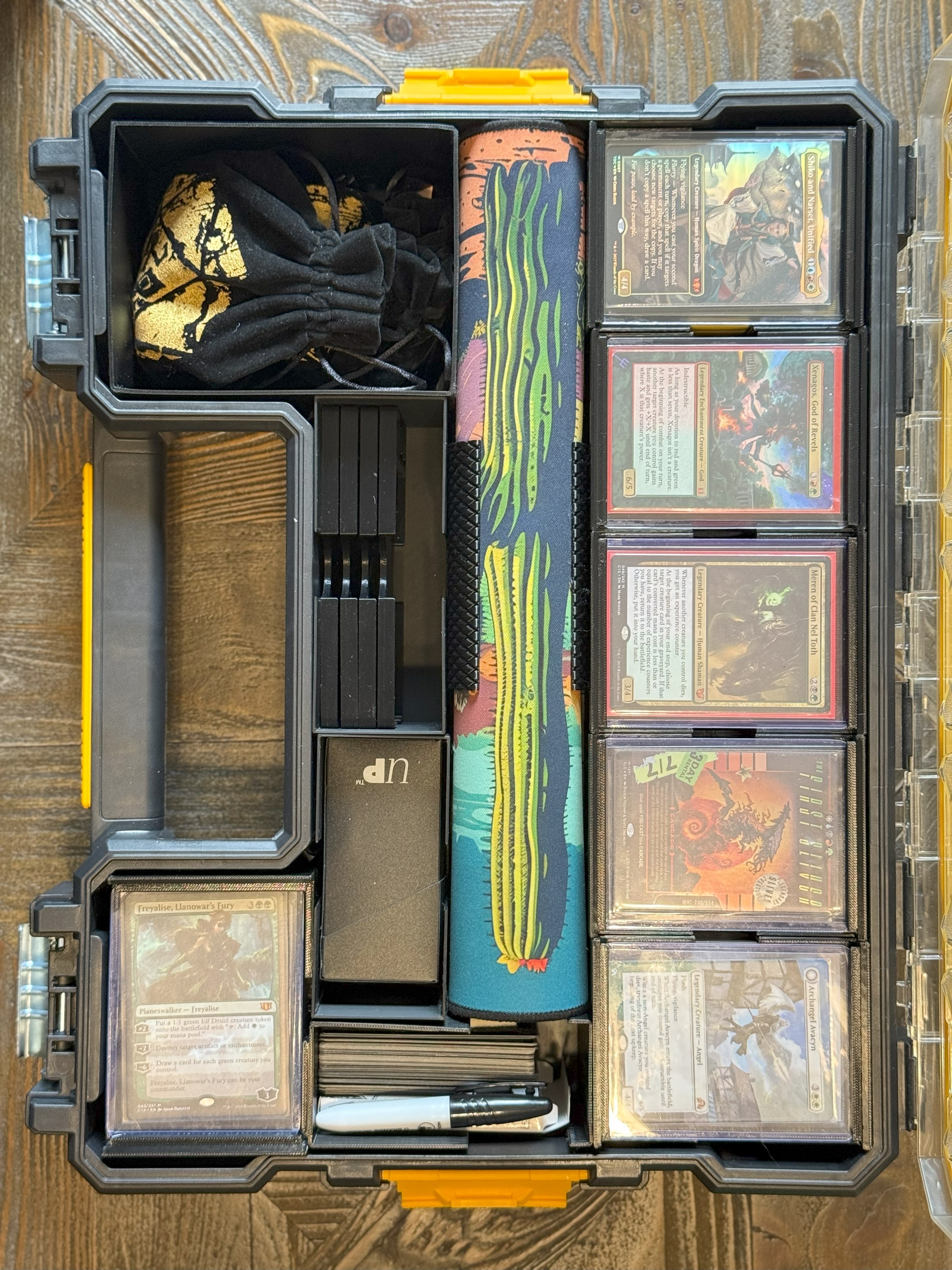 Dewalt toolbox fully loaded with 3D printed MTG deck boxes and organizers